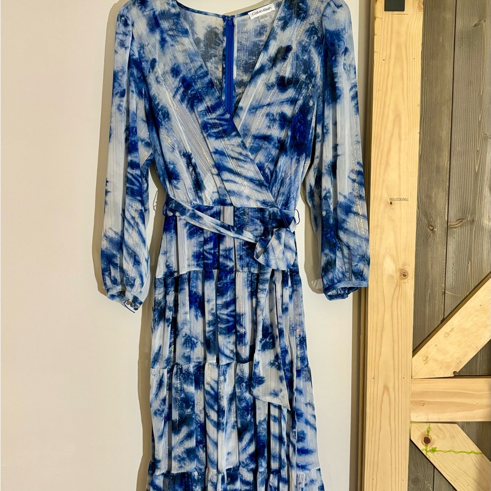 Calvin Klein Womens Chiffon Metallic Midi Dress size 12 Blue Tie Dye